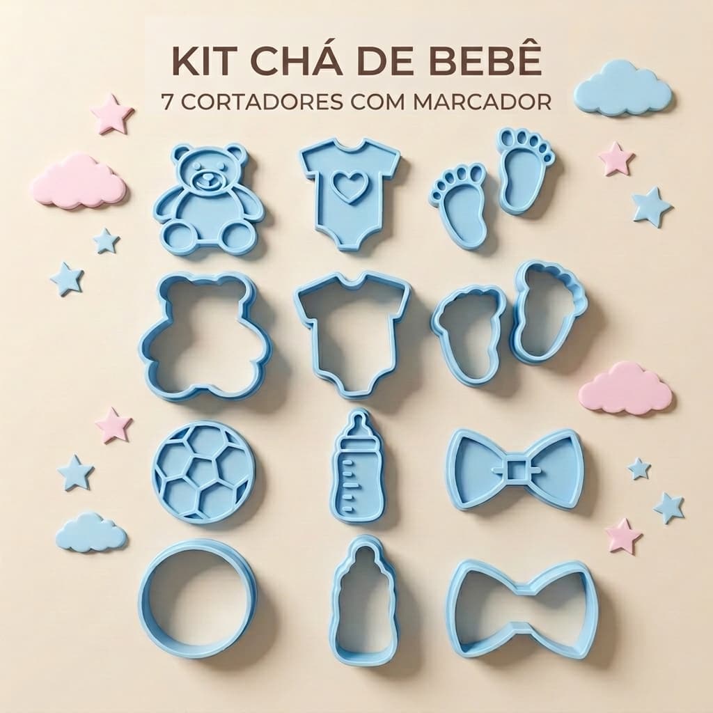 Kit 7 Cortadores e Marcadores Chá de Bebê Chá Revelação | Forminhas para Biscoito e Pasta Americana