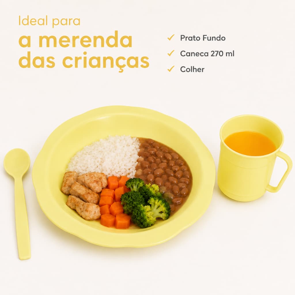Kit Merenda Escolar Infantil 3 Peças Prato Fundo Caneca 270ml Colher