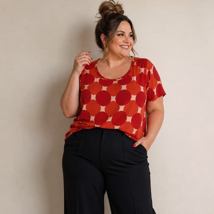 Blusa Feminina Estampada Poá Colorido Grande Manga Curta Babado Barra Casual Soltinha
