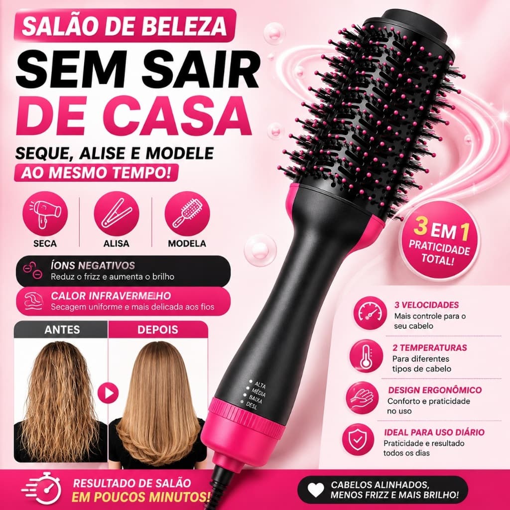 Escova Secadora Alisadora 3 em 1 Rosa com Íons Negativos Seca Alisa Modela Anti Frizz