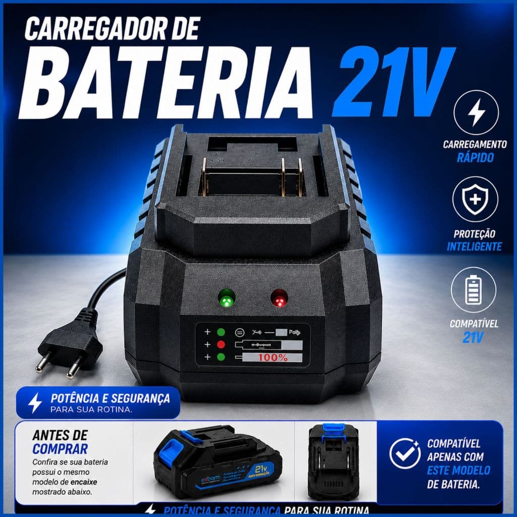 Carregador Bivolt 21V Para Parafusadeira e Furadeira Bateria Lítio