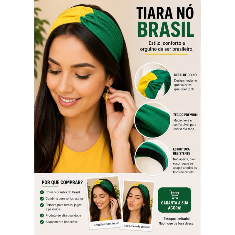 Tiara Feminina Verde e Amarela | Faixa de Cabelo Nó Turbante Moda 2026 Brasil Copa Do Mundo