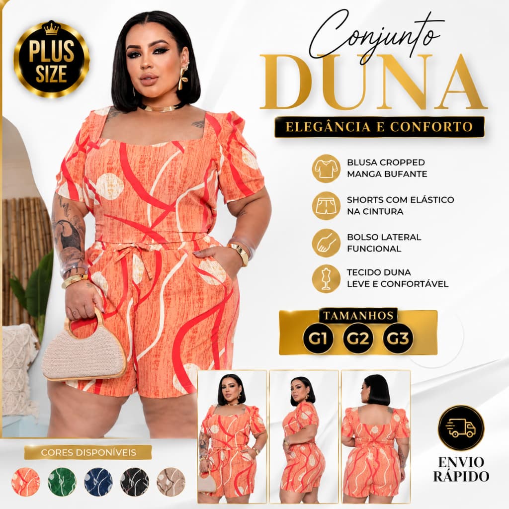 Conjunto Feminino Plus Size Duna Estampado Cropped Manga Princesa E Shorts