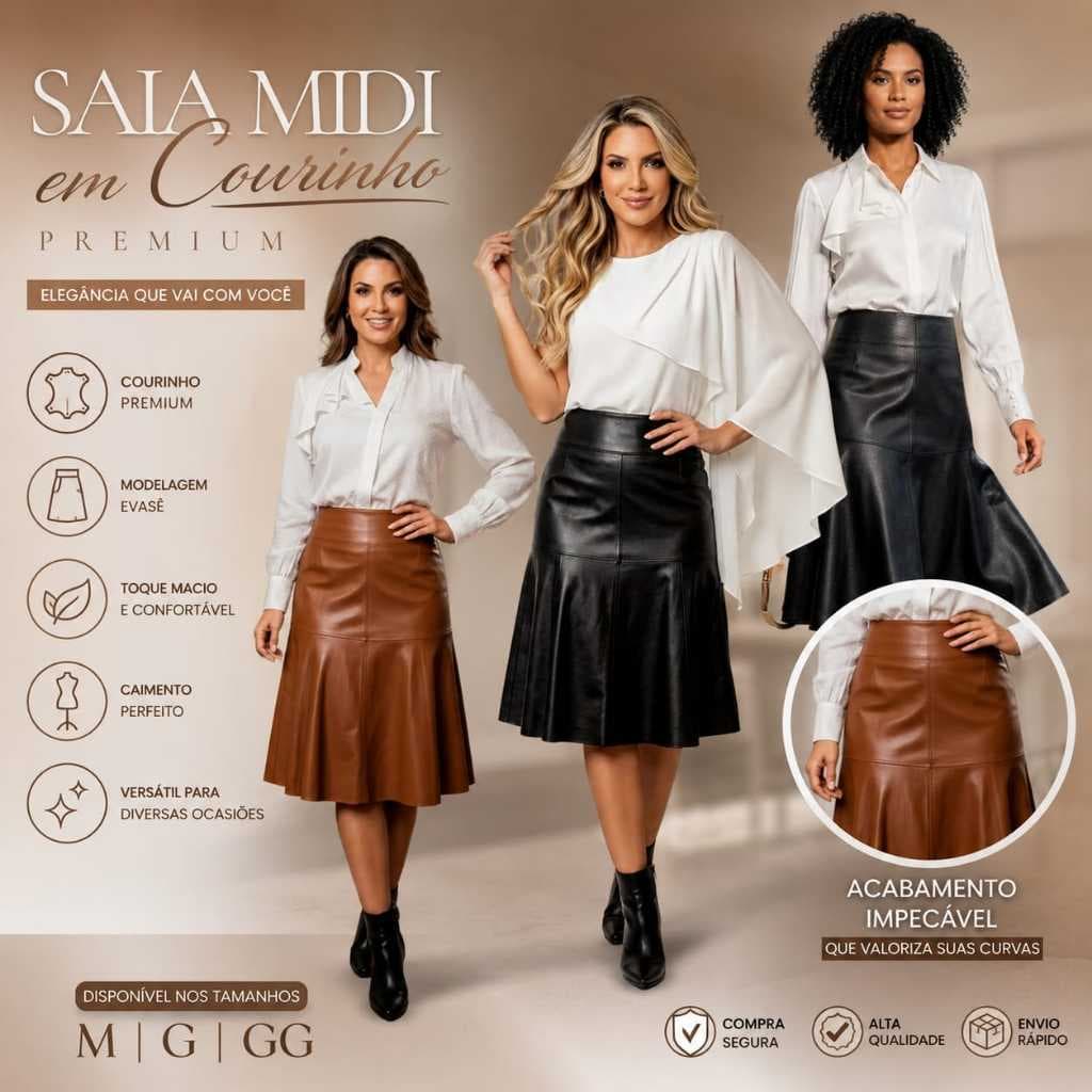 Saia Midi Feminina Evase Gode Couru Fake Moda Evangelica Cintura com Revel Elegante Moderno Inverno