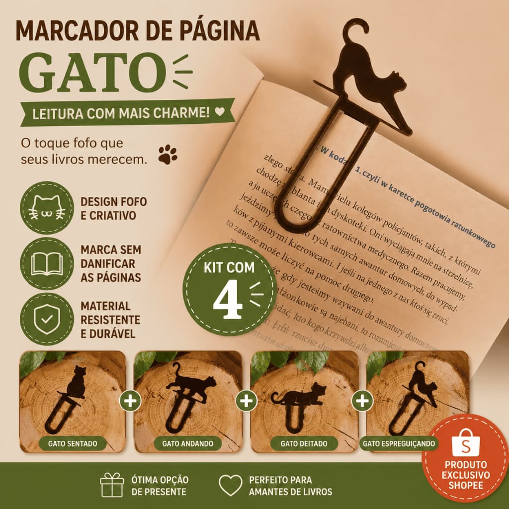 Kit 4 Marcadores de Página Gato Metal para Livros Bookmark Presente Criativo Leitura