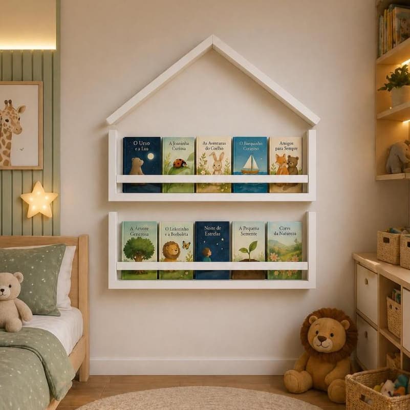 ESTANTE CASINHA INFANTIL 45CM BRANCA PORTA LIVROS MULTIFUNCIONAL PARA QUARTO INFANTIL DECORACAO E ORGANIZACAO