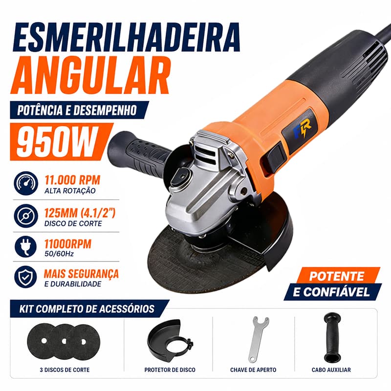 Esmerilhadeira Angular 950W 125mm 4.1/2" | 11000RPM 50/60Hz + Kit de Discos e Acessórios