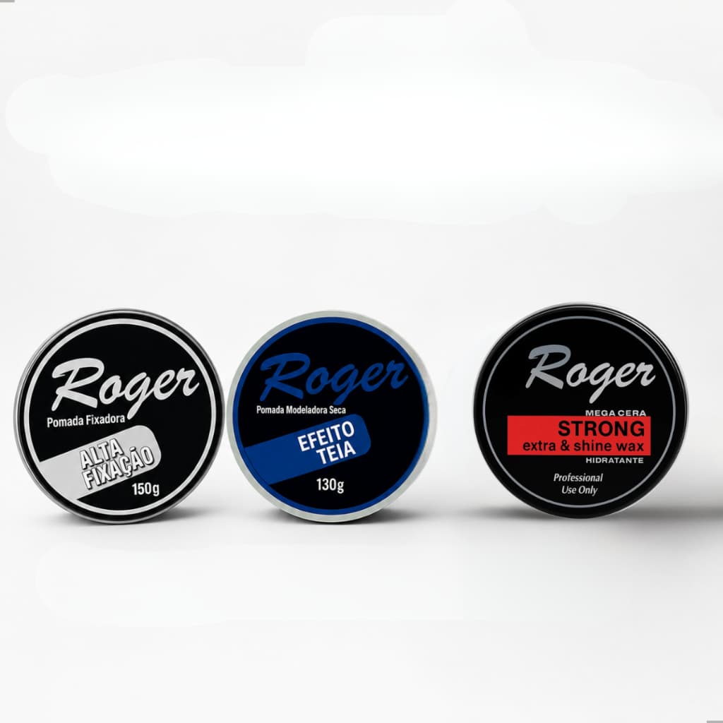 Pomada Roger Modeladora Profissional Cabelo Barba Bigode Alta Fixação 150g  Efeito Teia 130g  Mega Cera Strong 250g