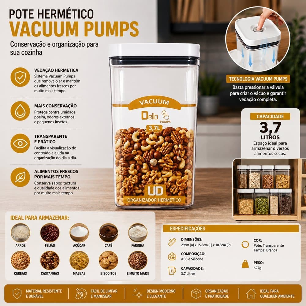 Pote Hermético Retangular Pumps 3,7 Litros
