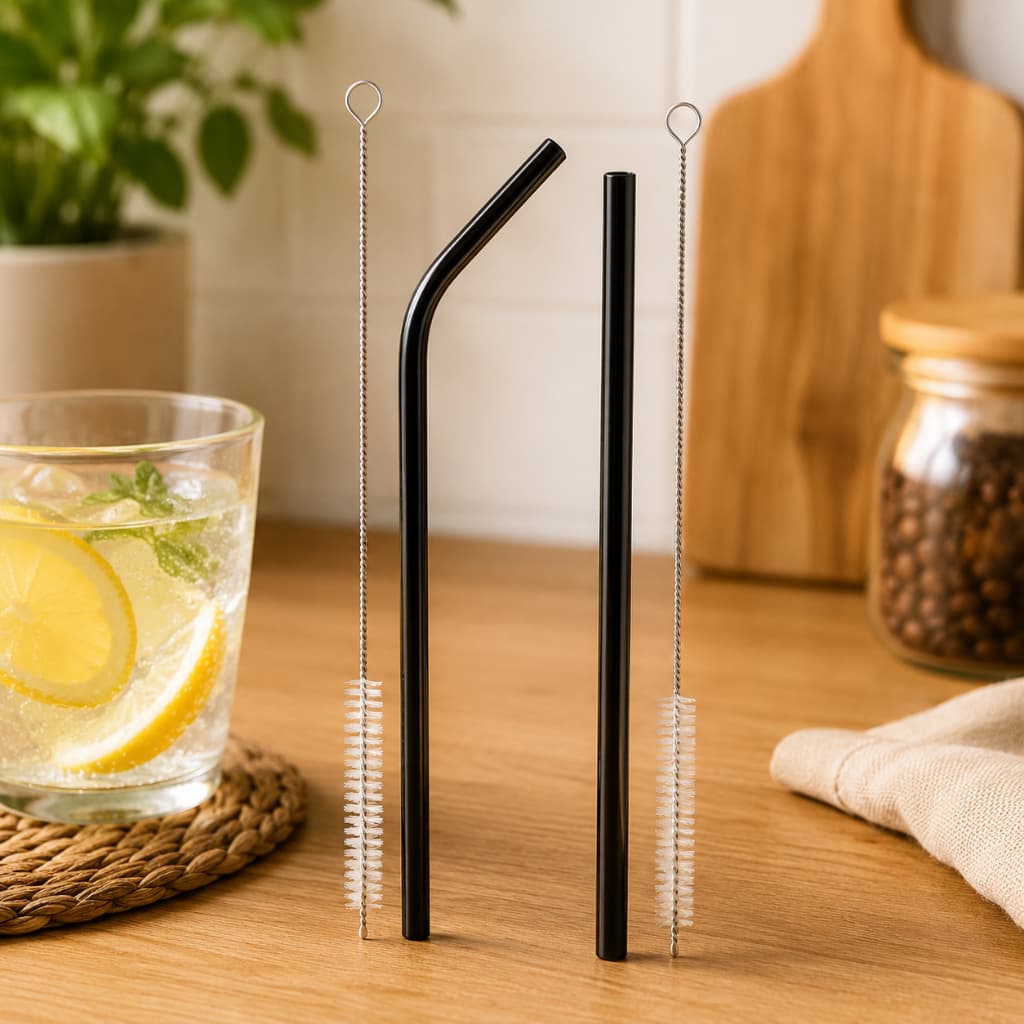 Kit Canudo Inox Preto 20cm Curvo e Reto com Escova de Limpeza Reutilizável Ecológico Drink Bebidas