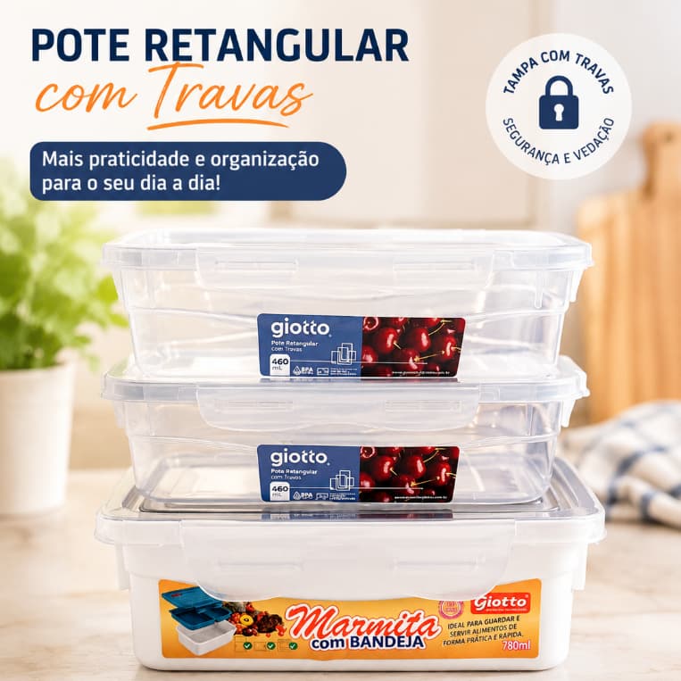 Kit 3 Potes Giotto Marmita Fitness Com Tampa e Trava 780mL e Potes Organizadores 460ml Off White