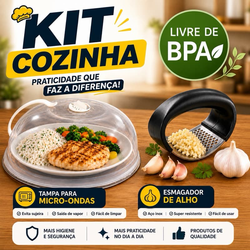 Kit Cozinha Tampa para Micro-ondas + Espremedor de Alho Inox BPA Free