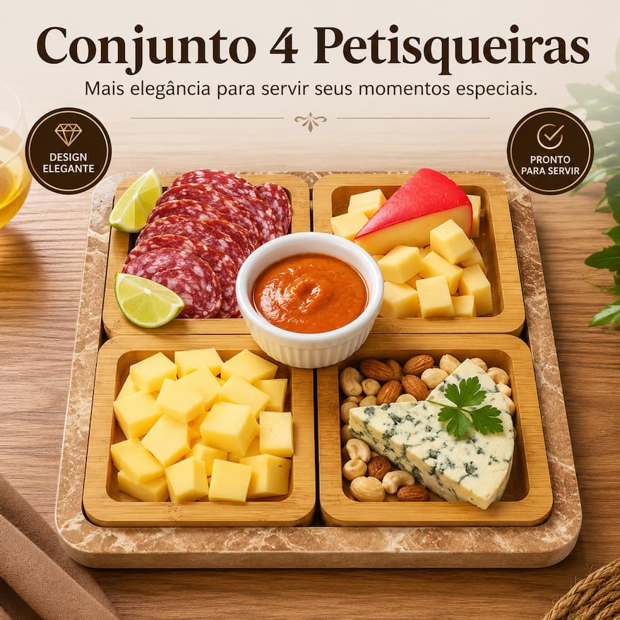Conjunto 4 Petisqueiras Quadradas em Madeira MDF com Base para Queijos Frios Petiscos Churrasco Mesa Posta