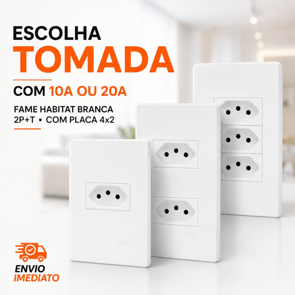 Conjunto Tomada Fame Habitat Branca 2P+T 10A 20A Com Placa 4x2