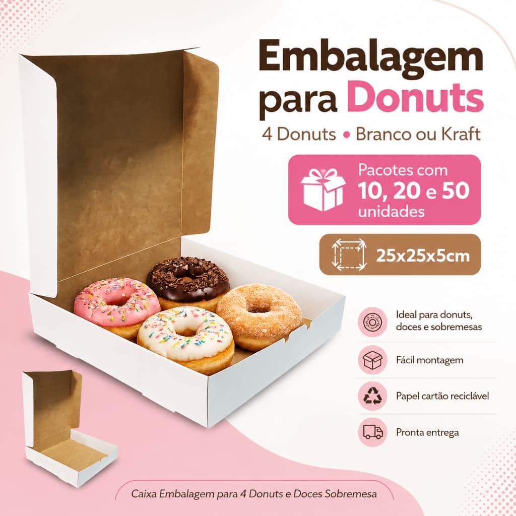 Embalagem para Donuts - 4 Donuts - Branco ou Kraft