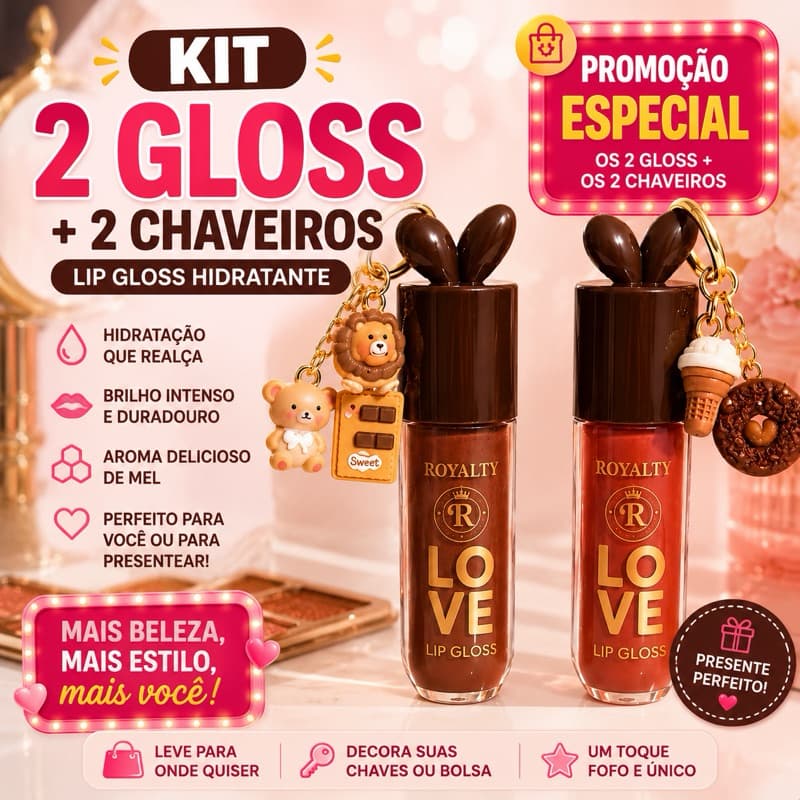 kit de 2 Lip Gloss Love Royal Premium Com Chaveiro Encantador Brilho Duradouro Hidratante Labial Design