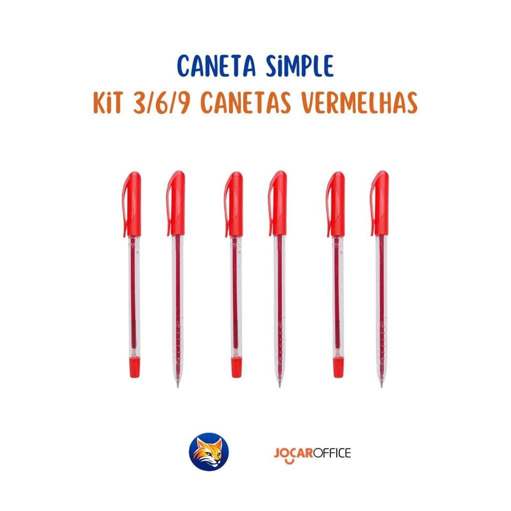 Kit 3 a 9 Canetas Esferográfica Simple Vermelho Jocar Office Ponta Média 10mm Corpo Redondo para Escolar e Escritório