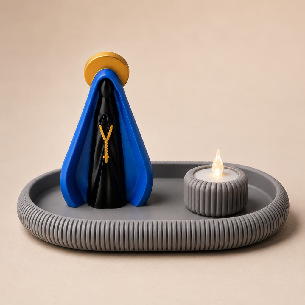 Porta Terço Nossa Senhora Aparecida com Bandeja Decorativa e Porta-Vela | Kit Decorativo Moderno