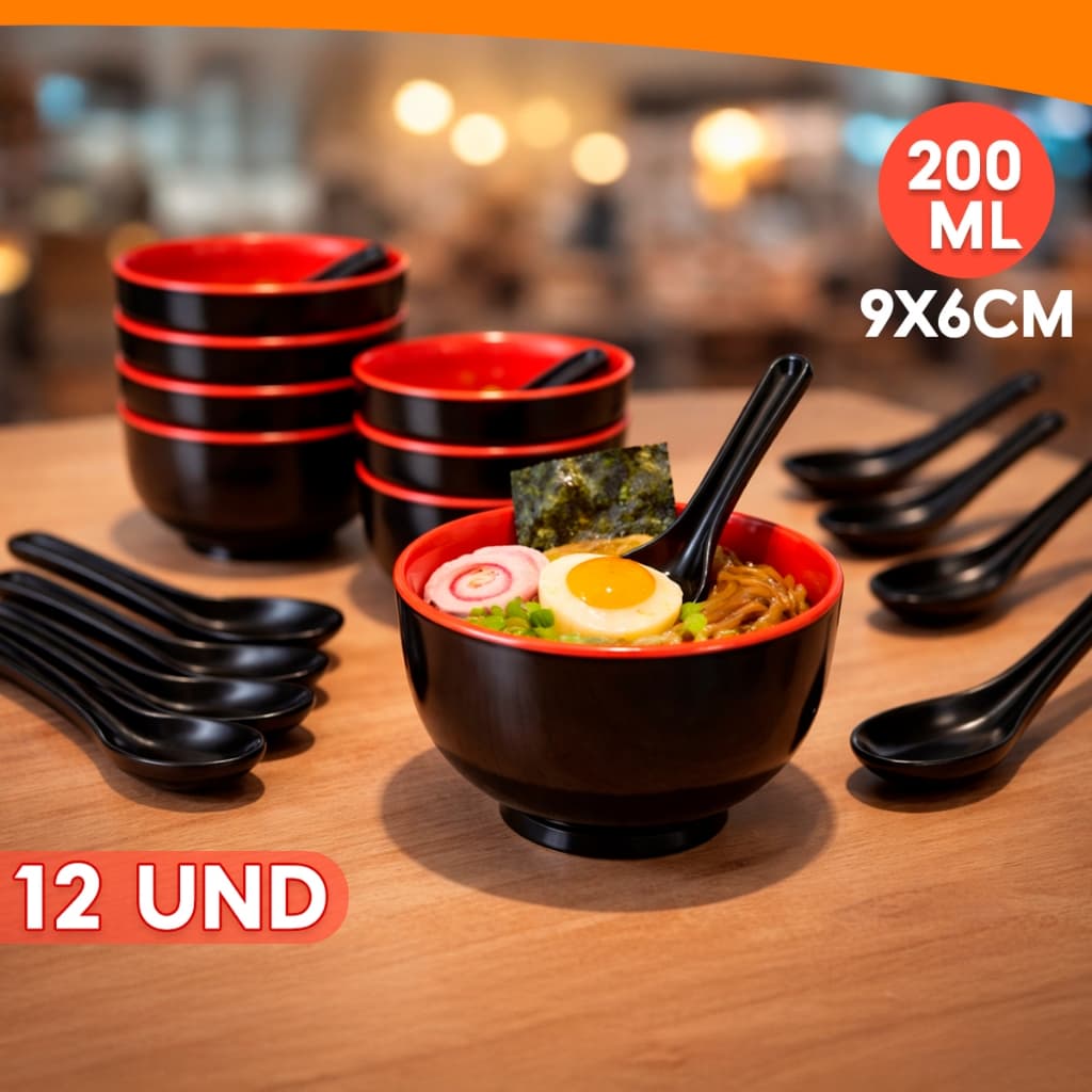 Tigelas Melamina Com Colher Bowl Oriental Preta 200ML Japonês Restaurante Importadora Util