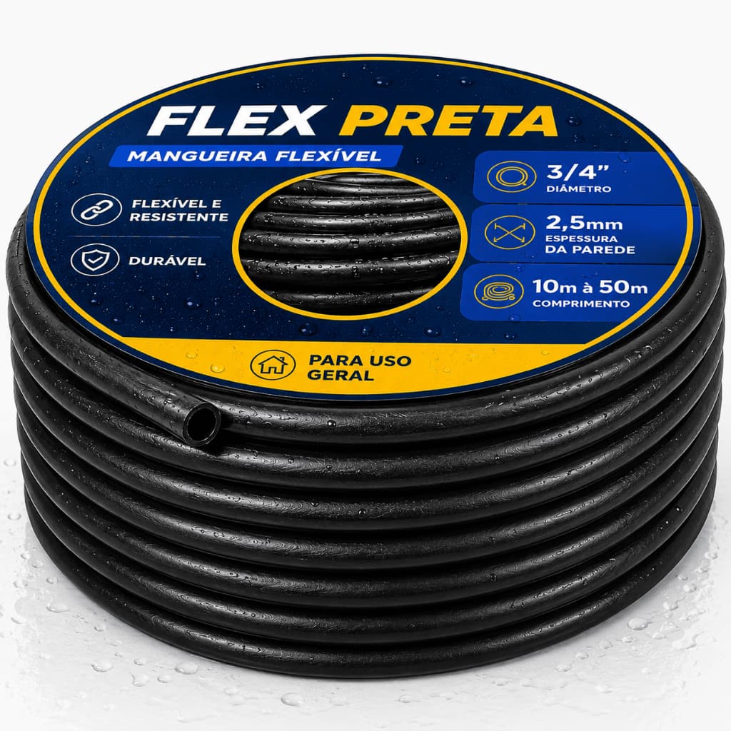 Mangueira de Jardim 3/4 2,5mm Preta 10/15/20/25/30/35/50 Metros Flex Reforçada Resistente