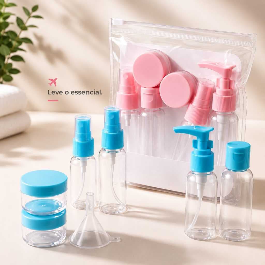 Kit Viagem 6 Frascos Recarregáveis Portáteis com Necessaire Transparente Anti Vazamento para Shampoo