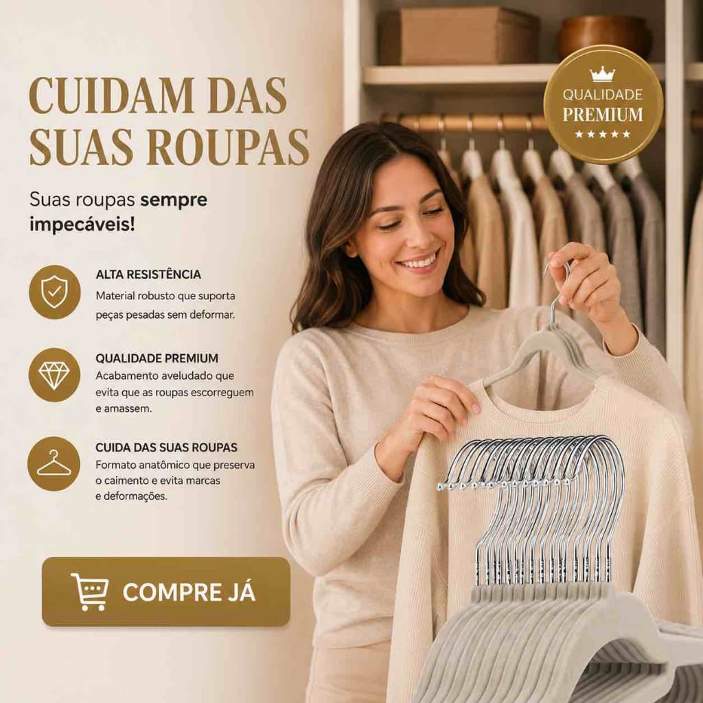 Kit 10 Cabides Slim Veludo Antiderrapante Bege Organizador Roupas Economiza Espaco