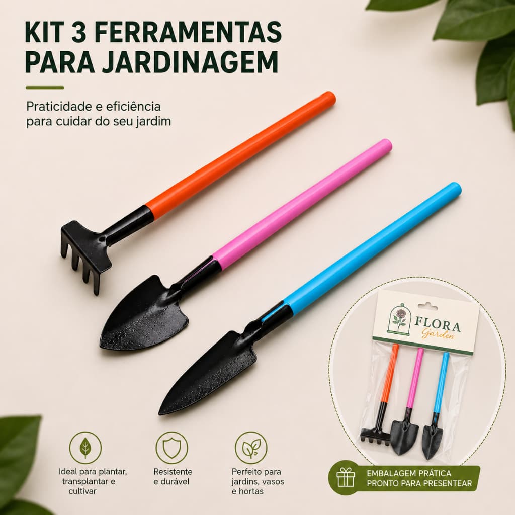 Kit com 03 Mini Conjunto De Ferramentas De Jardim Com Cabo De Madeira E Pá Para Jardinagem Pá 3 Pçs.