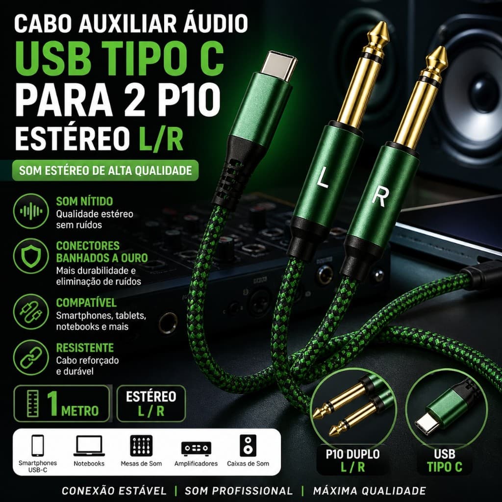 Cabo Áudio USB Tipo C Para 2 P10 Stereo L/R 1 Metro Banhado A Ouro - NOVO 30 dias pra chegar