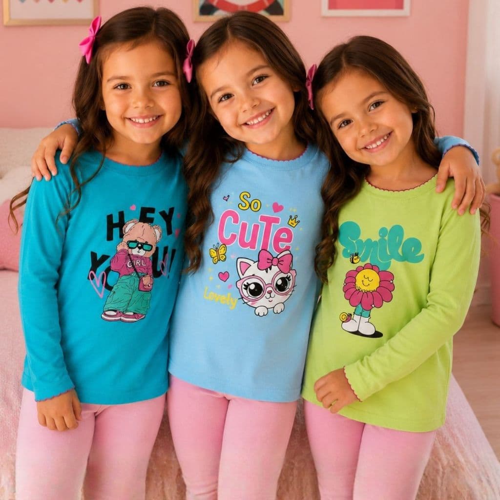Kit Blusa Manga Longa feminina infantil Estampada 100% Algodão Renda