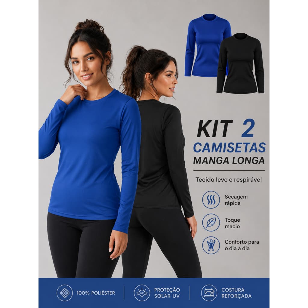 Kit 2 Camisetas Feminina Manga Longa Segunda Pele Proteção Solar Uv Camiseta Esportiva GLK Sports
