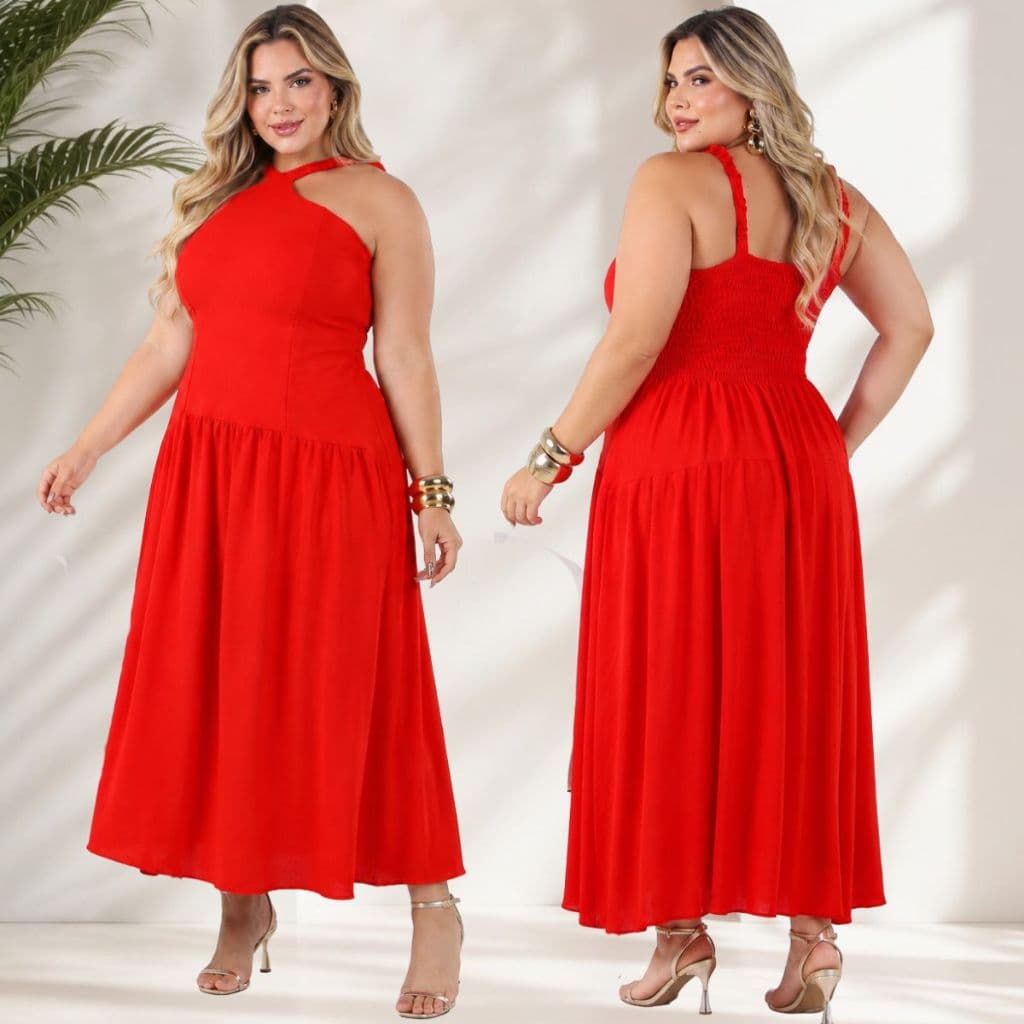 Vestido Longo Plus Size Feminino Decote Cruzado Costas Lastex Premium Casual Chic Frente Única Confortável 48 AO 54.