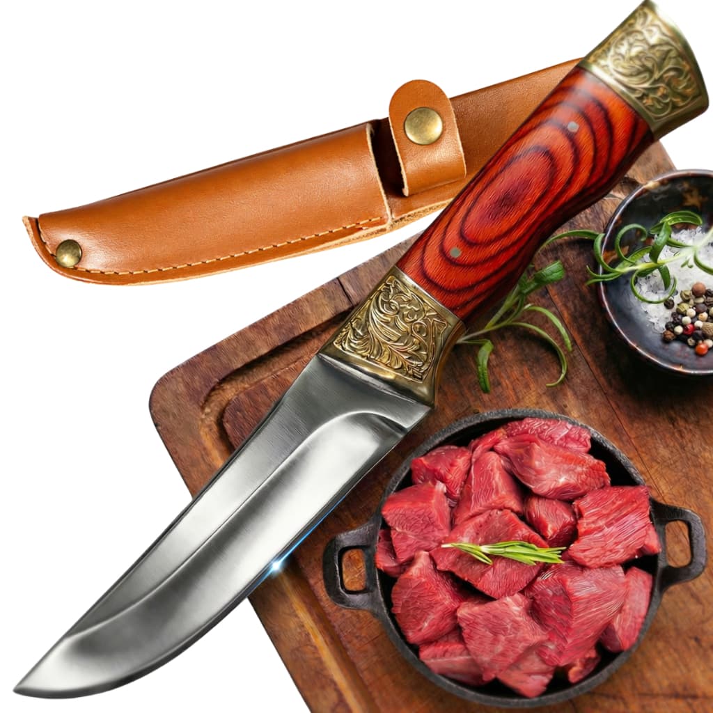 Faca de Churrasco Aço Inox Cabo de Madeira com Bainha Artesanal para Camping e Carne