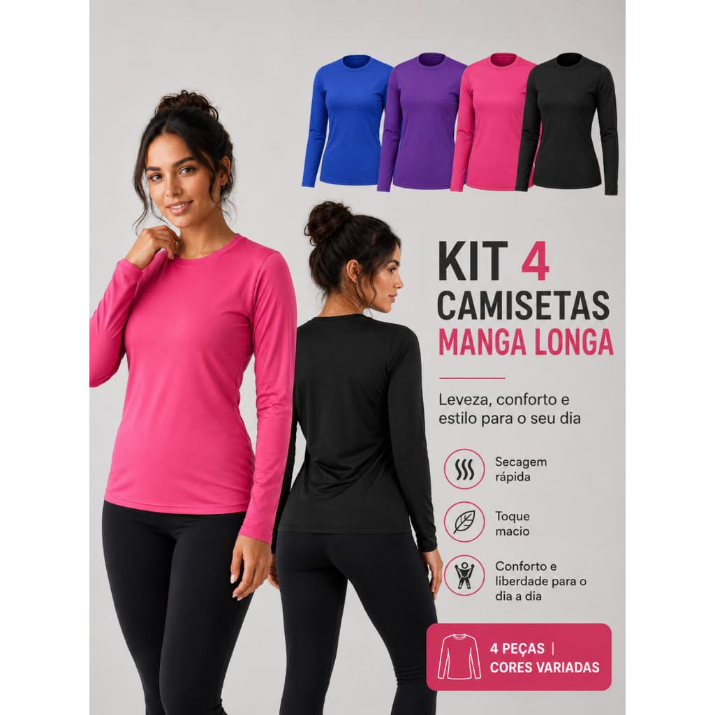 Kit 4 Camisetas Feminina Manga Longa Segunda Pele Proteção Solar Uv Gls Camiseta Esportiva GLK Sports