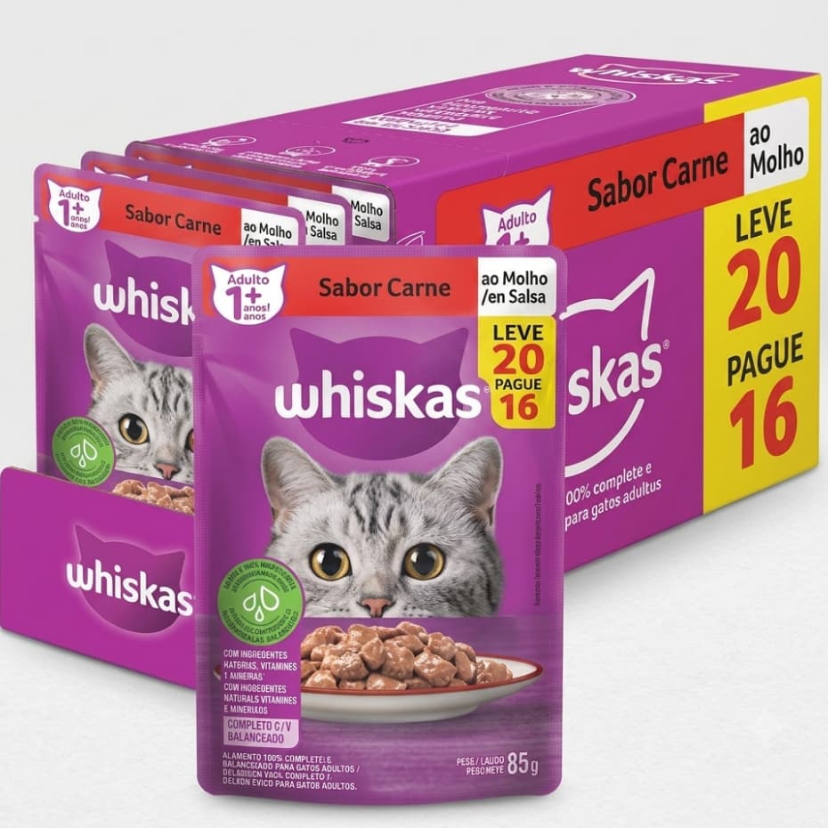 Sachê Whiskas Sabor Carne ao Molho para Gatos Adultos -  pague 16 e leve 20. Nutrição Completa!