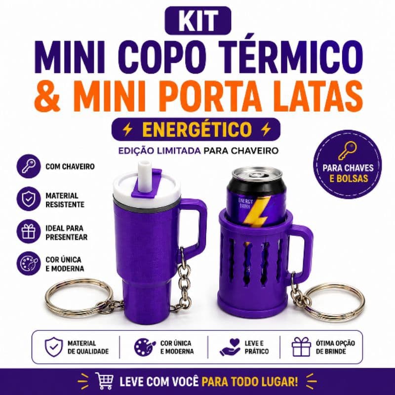 Kit 2 Chaveiros Mini Copo Térmico + Mini Caneca Porta Energético Coloridos Presente Criativo