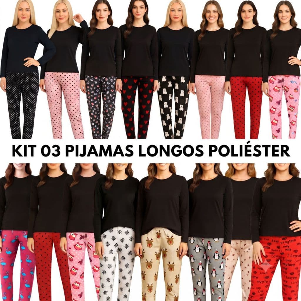 Kit 03 Pijamas Longo Meia Estação Poliéster Blusa Preta