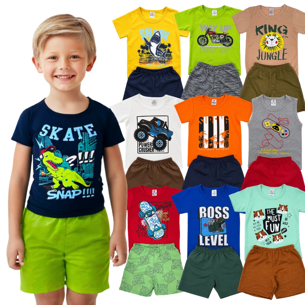 Kit 12 Peças Roupa Infantil Menino Verão 6 Conjuntos Camiseta + Shorts Sortido Estampado