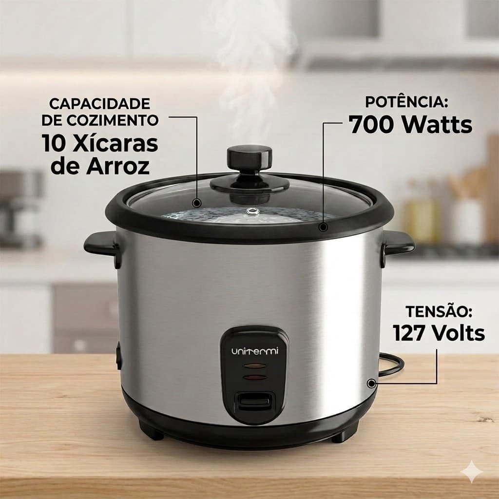 Panela De Arroz Elétrica Unitermi 10 Xícaras Inox 127v 700w Antiaderente Prática Cozinha Grande Promoção Rápida Tampa Vi