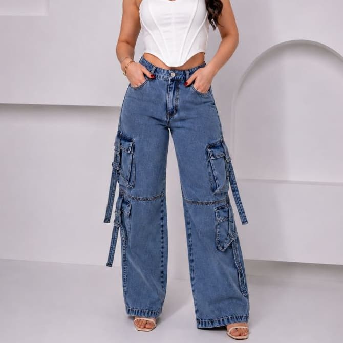 Calça Wide Leg 4 Bolsos Laterais Com Fivela Cargo Jeans