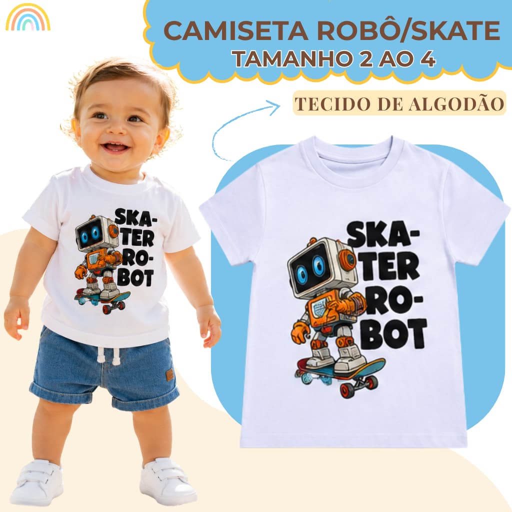 Camisa Infantil Menino Bebê Skaiter Robot Boy Camiseta Masculina Tecido Algodão Tamanho 2 ao 16