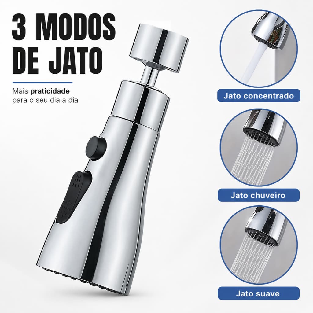 Chuveirinho Extensor Arejador Cromado 3 Jatos para Torneira Adaptador Pia de Cozinha e Banheiro