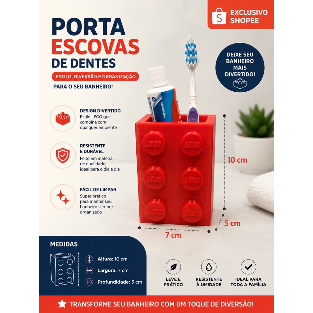 Porta Escova de Dentes e Porta Lápis Bloco de Montar -Organizador Multiuso com Fundo Vazado -7x5x10 cm