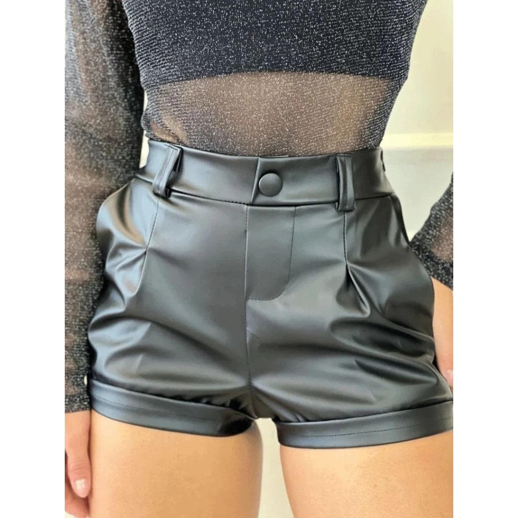 Shorts Cintura Alta Courino Com Zíper Na lateral ,Bolso e Botão Pressão