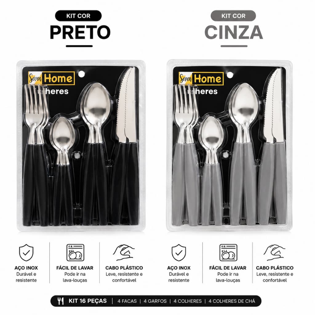 Kit Talheres 16 Peças Inox com Cabo Preto e Cinza Seven Home Jogo Completo para Cozinha Conjunto de Talher Moderno