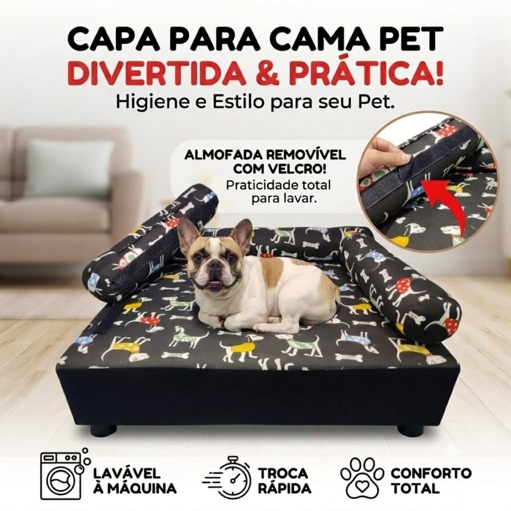 Cama Pet Premium Resistente com Almofada Velcro Prática 65x50x20cm Luxo Base MDF Caminha Pet