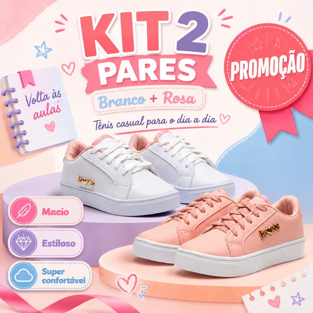 Kit 2 Pares Tênis Infantil Menina Casual Confortável Com Coração Dourado Para Escola E Passeio