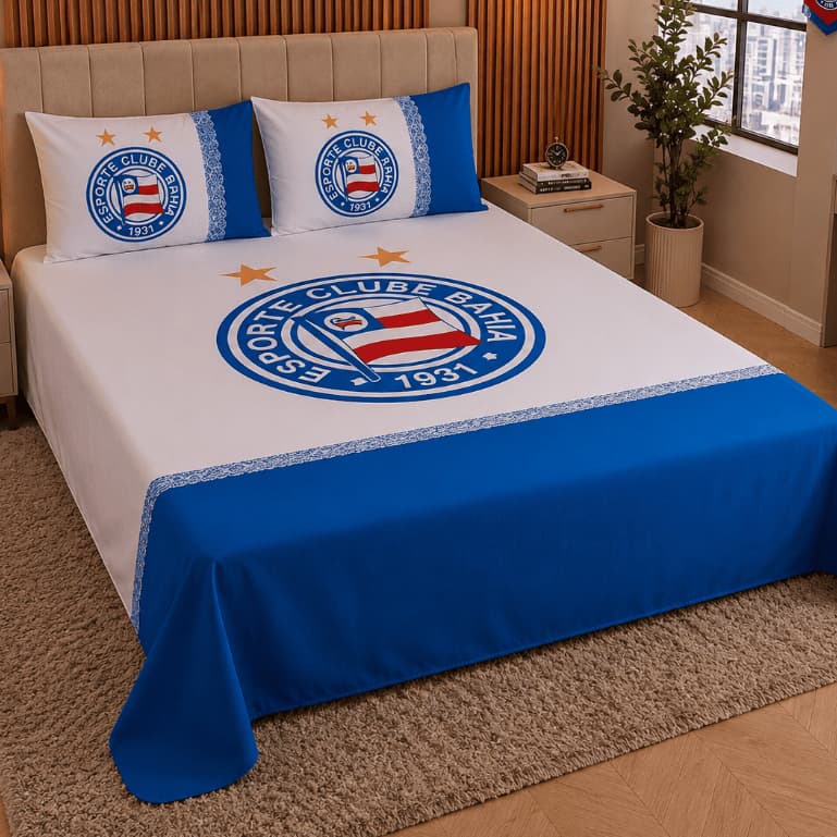 Jogo de Cama Time Casal Tecido Oxford | Lençol de Time + 2 Fronhas | Colcha de Cama Estampa de Time