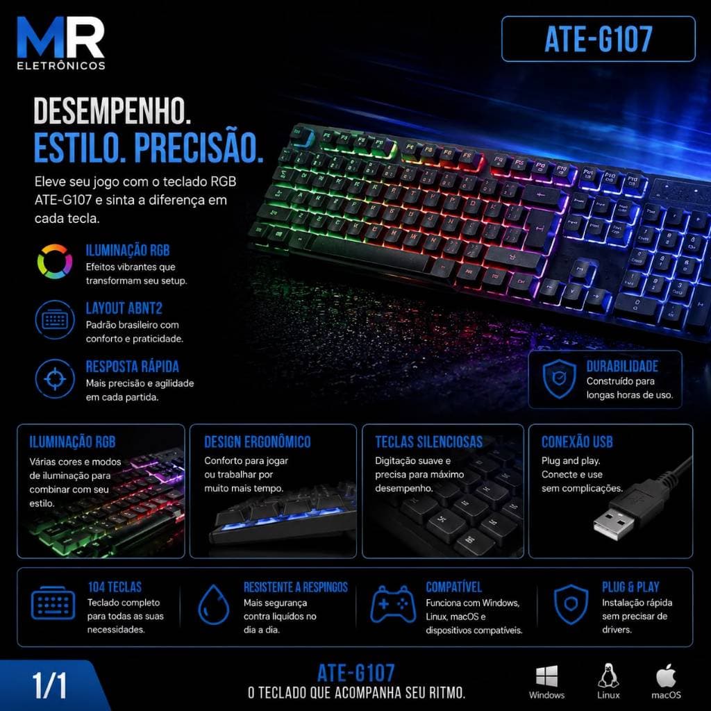Teclado Gamer RGB ATE-G107 ABNT2 | LED RGB | USB | Manta Condutiva | Plug & Play