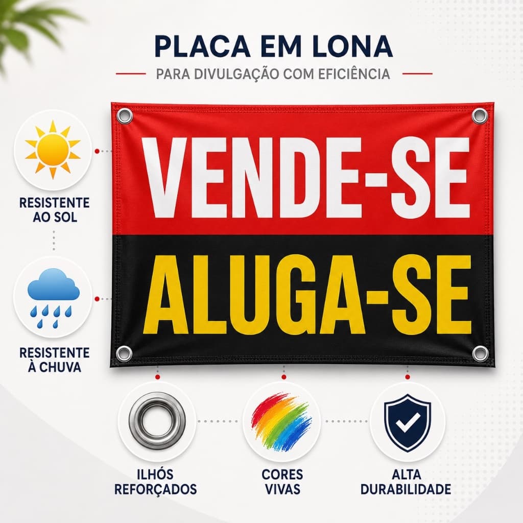 Placa Vende-se Aluga-se Lona Personalizada c/ Ilhós - Imobiliária Corretor - Sua Logo e Telefone - Sol e Chuva