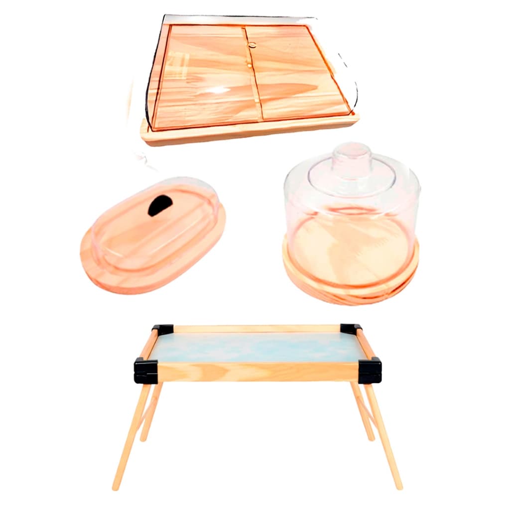 OFERTA 9.9 KIT 4Pçs café da Manhã,  Madeira Natural Queijeira, Bandeja, Manteig. e Porta Frios Medio (21x16,5cm)